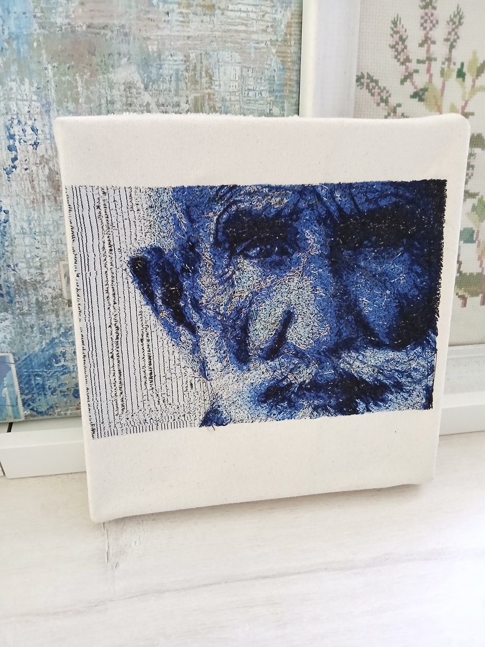 Stiched "The Old Man & the Sea" on canvas picture, blue, 8x8, unique, rare